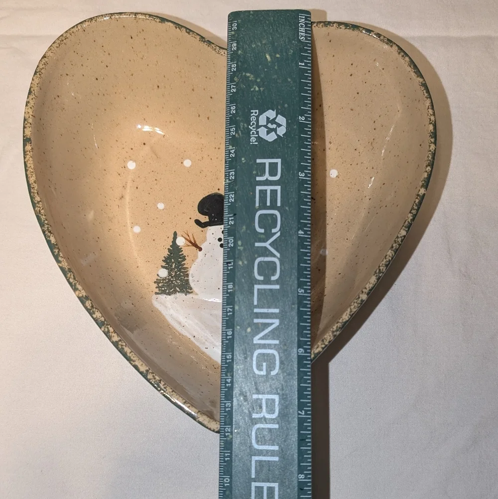 VTG Three Rivers Pottery Winter Heart Shaped Bowl with Cottagecore Snowman